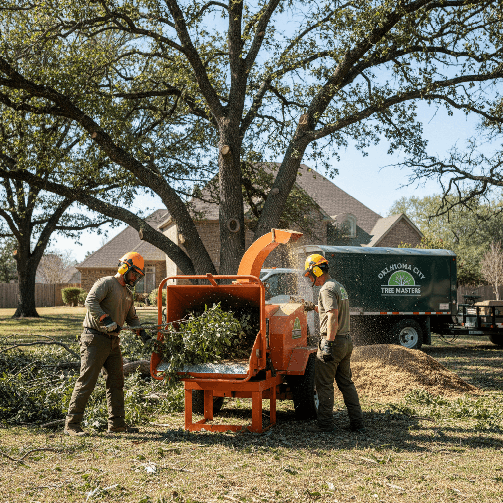 Tree service crew operating wood chipper on residential property in Oklahoma City