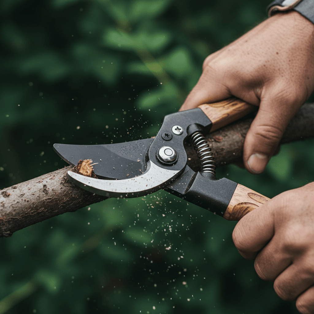 Professional pruning shears making a clean precise cut on a tree branch