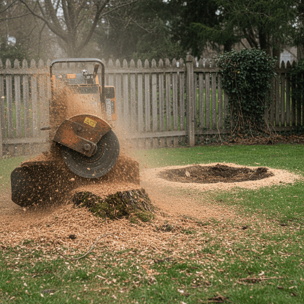 Stump grinding machinery clearing tree stump at ground level