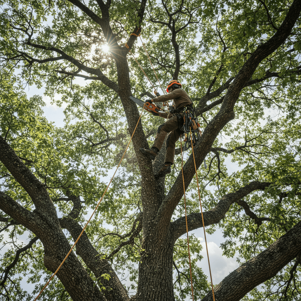Arborist climbing and cutting branches high in a tree using professional safety equipment