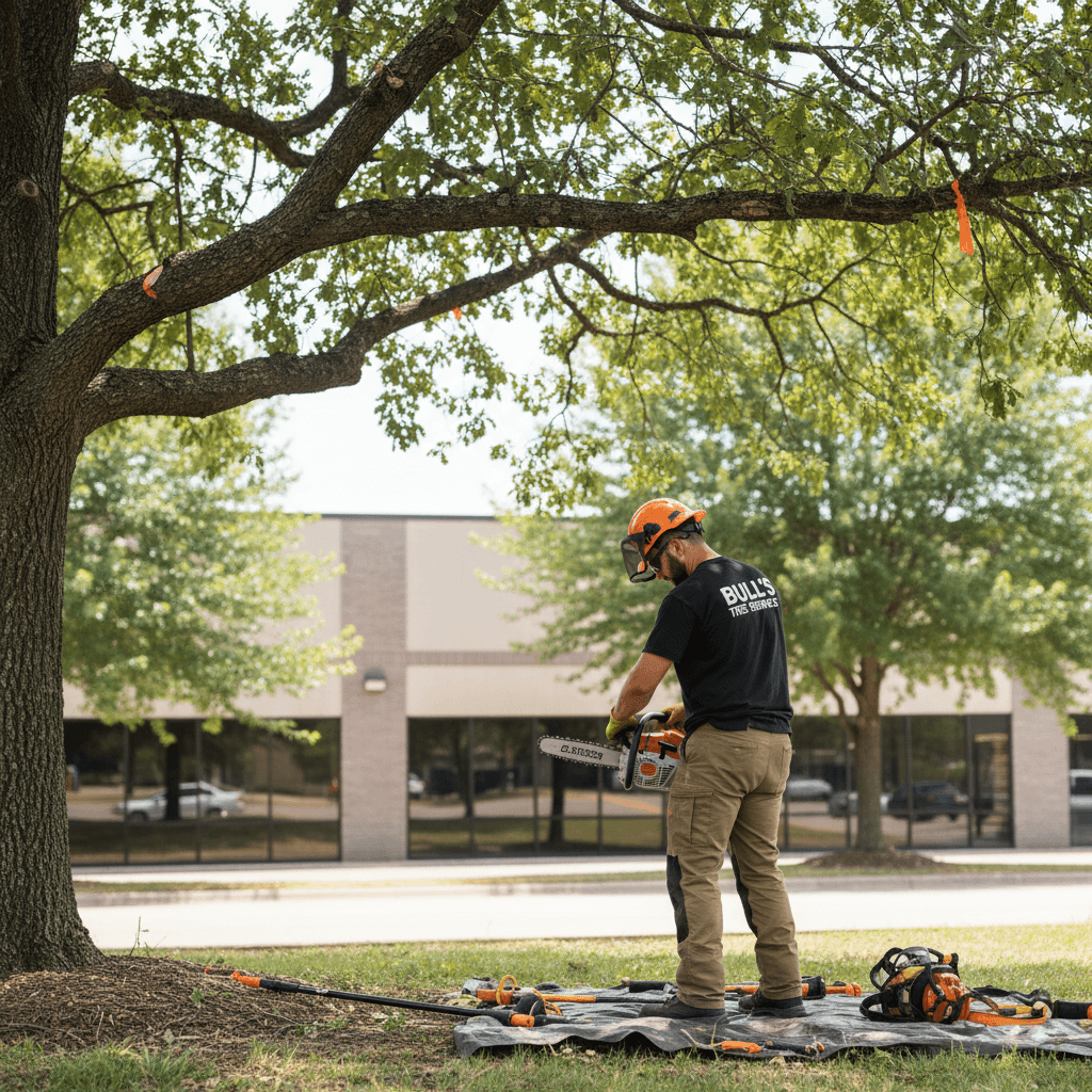 Tree service technician preparing to trim branches on commercial property in Oklahoma City