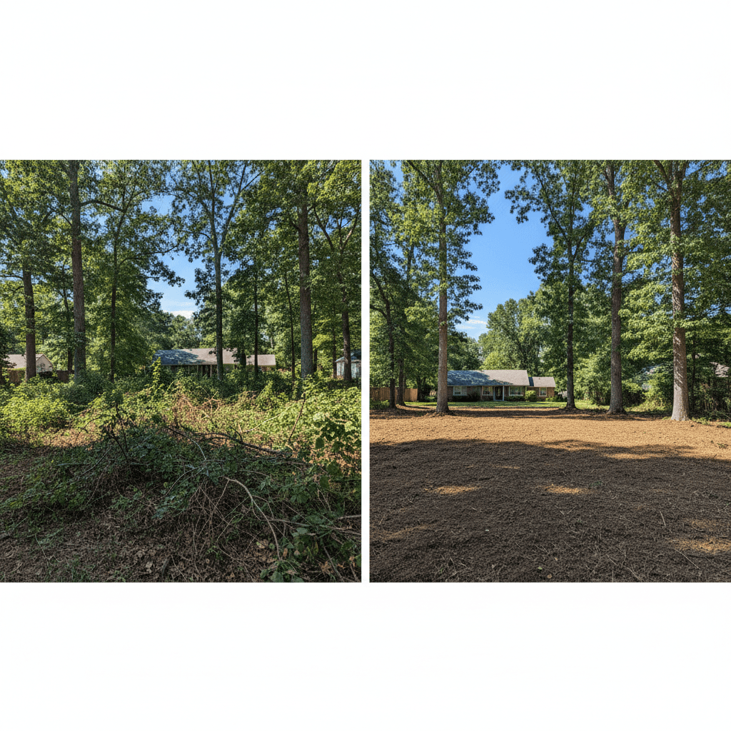 Before-and-after property clearing with overgrown trees removed