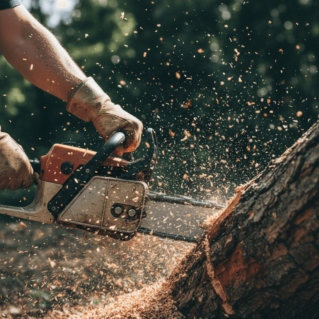 Professional chainsaw cutting through a thick tree log with precision and control