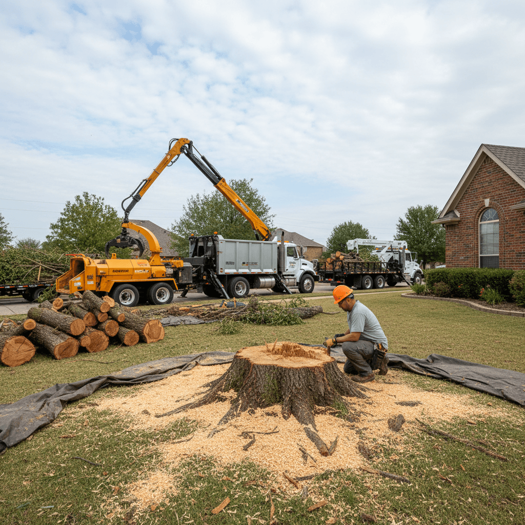 Complete tree removal site showing equipment, processed materials, and cleared residential area