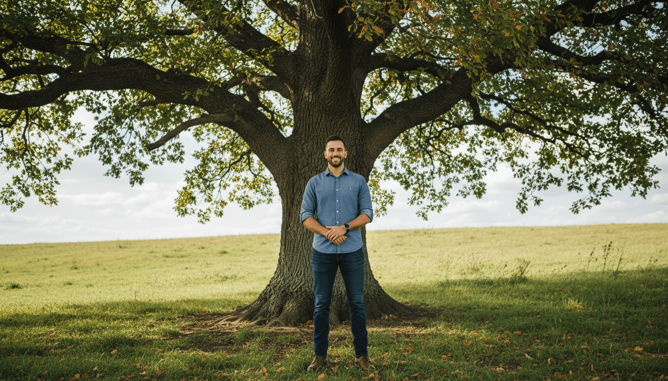 Tristan Mathis smiling in front of a tree outdoors.